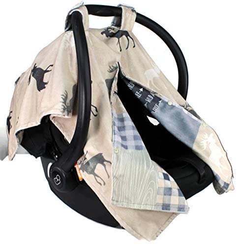 Dear Baby Gear Deluxe Reversible Car Seat Canopy, Custom Minky Print, Faux Quilt Grey Tan Adventure and Grey Moose on Tan