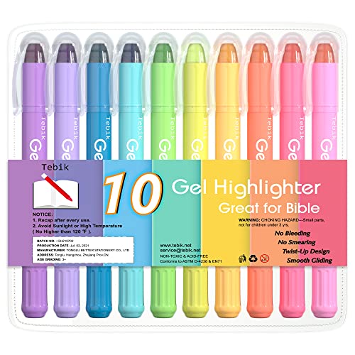 Tebik Gel Highlighter, 10 Colors Bible Safe Highlighter Study Kit, Highlighters Assorted Colors, Twistable Design, No Bleeding Great for Journaling, Highlighting and Study