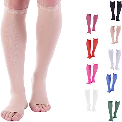 Doc Miller Open Toe Compression Socks, 15-20 mmHg, Toeless Compression Socks Women and Men for Maternity, Shin Splints & Calf Recovery, 1 Pair Skin/Nude Knee High Medium Size
