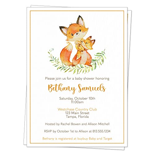 Fox Baby Shower Invitations Woodland Invites Rustic Orange Gender Neutral Boys Girls It’s A Boy It’s A Girl Foxes Sprinkle Watercolor Green White Forest Friends (12 count)