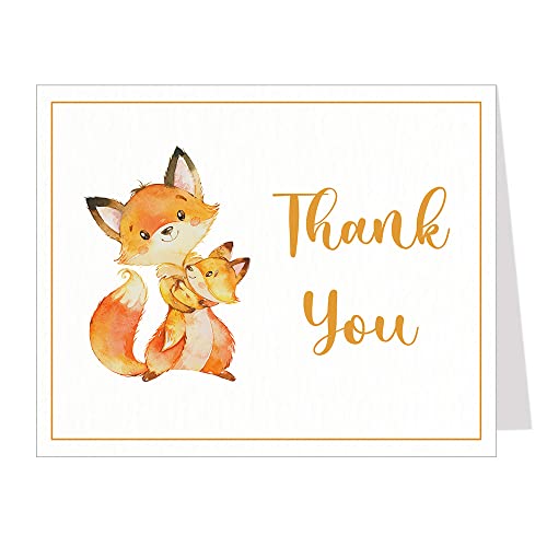 The Invite Lady Fox Baby Shower Thank You Cards Folding Thank You Notes Sprinkle Thanks Fox Forest Friends Woodland Orange Green Rustic Watercolor Printed Cards (50 count)
