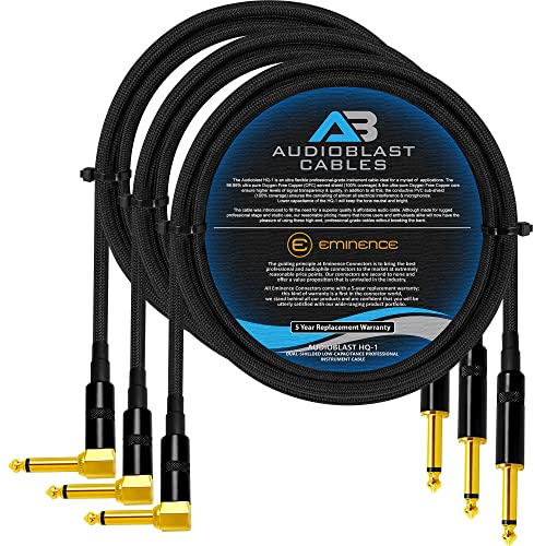 Audioblast – 3 Units – 2 Foot – HQ-1 – Braid (Black) Flexible-Dual Shielded(100%)-Guitar Instrument Effects Pedal Patch Cable w/Eminence Straight & Angled Gold ¼ inch (6.35mm) TS Plugs & Double Boots