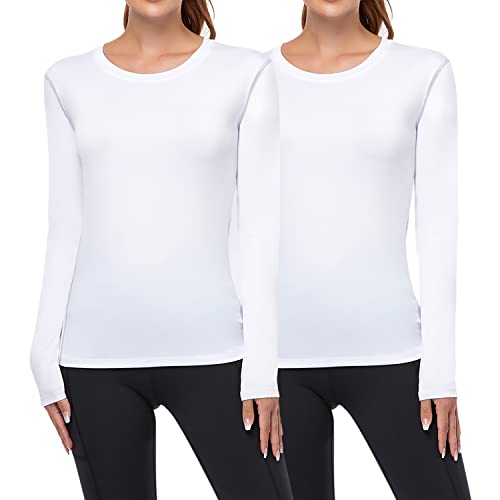 WANAYOU Women’s 2 Pack Compression Shirt Dry Fit Long Sleeve Workout Shirts Yoga Athletic Running T Shirt Undershirts Baselayers(2 Pack White, Medium)