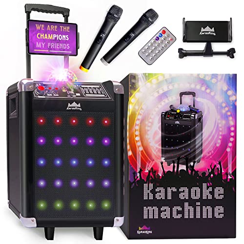 KaraoKing Karaoke Machine for Adults & Kids with 2 Wireless Microphones – Portable Bluetooth PA System Speaker with Subwoofer, Disco Ball, LED Lights, Phone/Tablet/Lyrics Display Holder, Remote (G100)