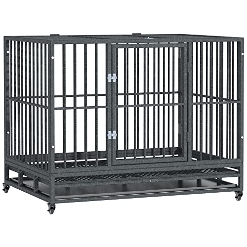 PawHut 42″ Heavy Duty Dog Crate Metal Cage Kennel with Lockable Wheels, Double Door and Removable Tray, Grey