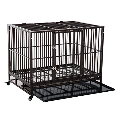 PawHut 42″ Heavy Duty Dog Crate Metal Cage Kennel with Lockable Wheels, Double Door and Removable Tray, Brown