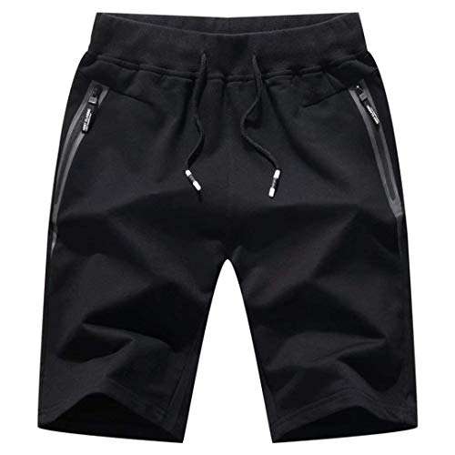 STICKON Mens 7″ Inseam Workout Shorts Elastic Waist Drawstring Summer Casual Short Pants Zipper Pockets (Black, Large)