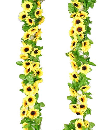 Yaoijin 2 Pack 16.4 Feet Artificial Fake Sunflower Garland Plants in Yellow(Each 8.2′ Long with 12 Vine) for Hanging Wedding Garland Fake Foliage Flowers Home Kitchen Garden Office Wedding Wall Decor