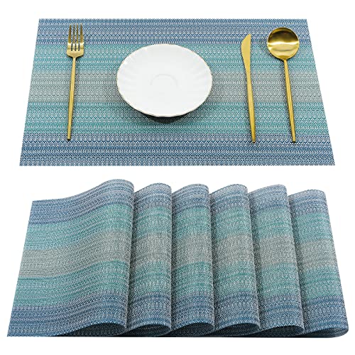 Pauwer Placemats Set of 8 Woven Placemats for Dining Table Indoor Outdoor Table Mats Heat Resistant Washable Vinyl Placemats for Kids, Blue