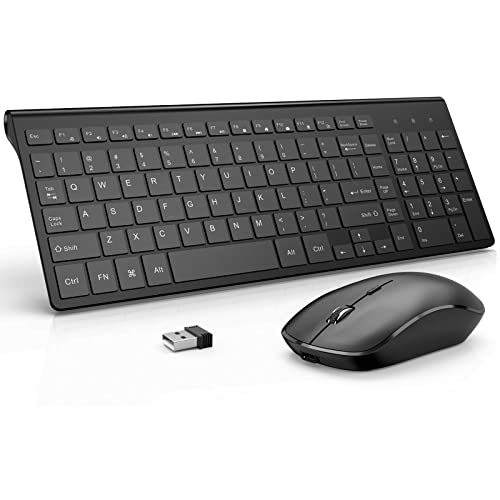 Rechargeable Wireless Keyboard and Mouse Combo- J JOYACCESS 2.4G Compact Quiet Slim Wireless Keyboard Mouse Combo for Laptop,PC,Desktop,Computer,Windows- Black
