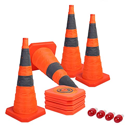 Sunnyglade [4-Pack] 28 inch Collapsible Traffic Cones with LED Light Multi Purpose Pop up Reflective Safety Cone (Orange x4)