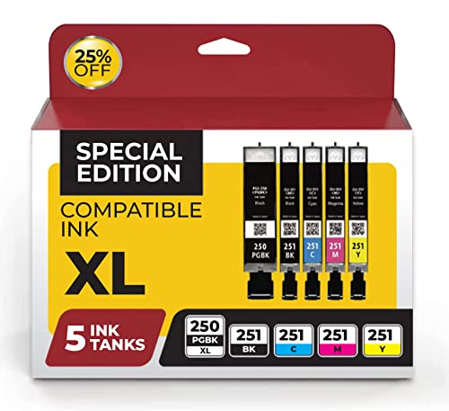 Canon PGI250 XL & CLI251 XL Compatible Replacement Ink Cartridges 5 Value Pack. Works Great with Canon PIXMA MX922, MG5520, MG7520 and More Printers (5 Pack Canon PGI 250 Ink)