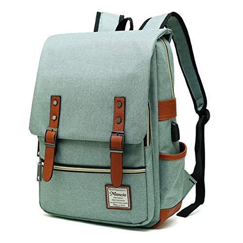 Mancio Vintage Laptop Backpack with USB Charging Port, Slim Tear Resistant Business Backpack for Travelling,  College, Casual Daypacks for Men,Women, Fits up to 15.6Inch Notebook, Green