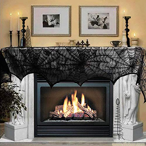 Halloween Decoration Black Lace Spiderweb Fireplace Mantle Scarf Cover Festive Party Supplies Set for Fireplace Window Door Frame Decoration 18 x 96 inch