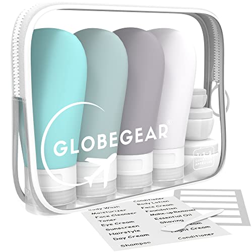 GLOBEGEAR Silicone Travel Bottles for Toiletries Containers & TSA Approved Toiletry Bag for Airplane Travel Essentials Vacation Cruise Accessories Must Haves (Model GG3)