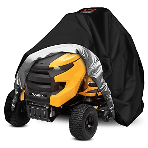 Riding Lawn Mower Cover, Heavy Duty Waterproof Polyester Oxford Tractor Cover UV & Dust & Water Resistant,Universal Fit Decks up to 54″ with Drawstring & Storage Bag (Black)