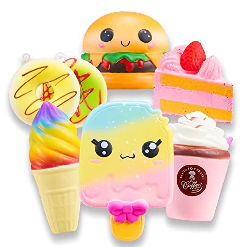 SYYISA Jumbo Squishies Slow Rising [7-Pack]: Ice Cream, Hamburger, Cake, Ice Lolly, Donut, and Frappuccino Kawaii Soft Food Squishy Toys – Squishys are Great Sensory Toys for Kids!