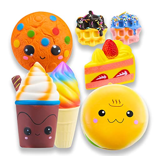 SYYISA Jumbo Squishies Slow Rising [7-Pack]: Cake, Ice Cream, Bread, Chocolate Cookie, Chocolate Frappuccino, and Waffles Kawaii Soft Food Squishy Toys – Squishys are Great Sensory Toys for Kids!