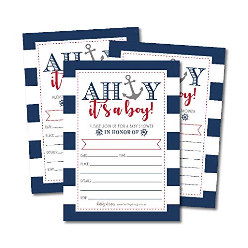 25 Ahoy It’s A Boy Nautical Baby Shower Invitations, Sprinkle Invite for Little Man Gender Anchor Theme, Cute Printed Fill or Write In Blank Printable Card, Unique Vintage Coed Party Paper Supplies