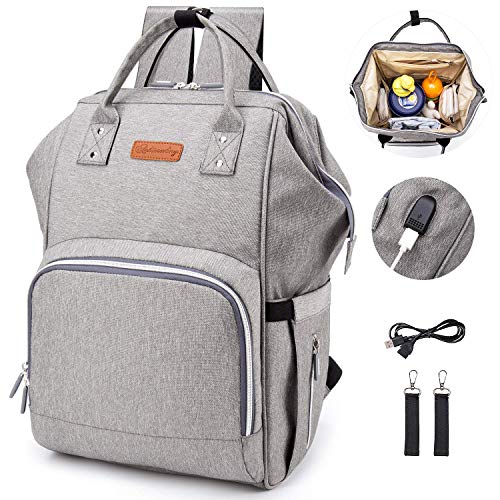 Large Capacity Diaper Backpack Diaper Bag with USB Charging Port, Multi-Function Travel Backpack Baby Nursing Bag Mommy Bag, Waterproof Baby Nappy Bag with Anti-Theft Pocket, Include 2 Stroller Straps