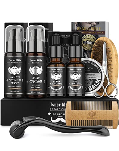 Beard Growth Kit, Beard Kit with Beard Roller, 2 Pack Beard Growth Oil,Beard Brush,Wash Conditioner for After Shave Lotions- Sandalwood,Balm,Combs, Christmas Fathers Gifts for Men