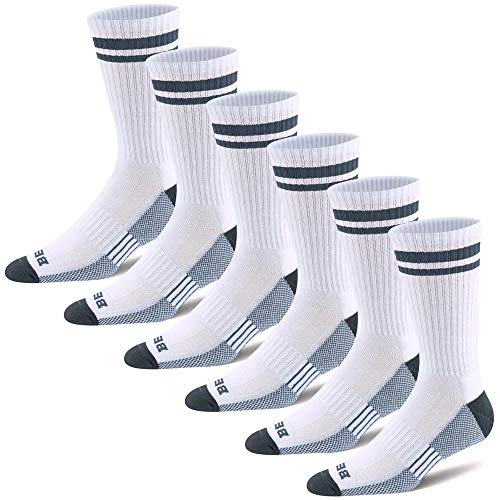 BERING Men’s Cushioned Crew Athletic Socks, White, Size 9-12, 6 Pairs