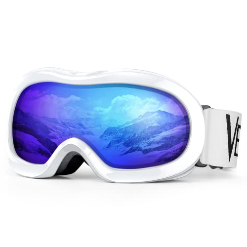 VELAZZIO Kids Ski Goggles, Snowboard Goggles OTG Snow Goggles Anti-Fog Double-Layer Lenses, 100% UV Protection (White Frame/Grey Lens with REVO Blue Coating (VLT 17%))
