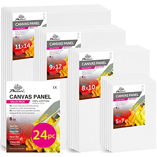 PHOENIX 24 Pack Canvases for Painting – 5×7, 8×10, 9×12, 11×14 Inch, 8 Oz Triple Primed 100% Cotton Flat Canvas Boards White Blank Canvas Panels Multi Size Bulk Pack for Acrylic & Oil Paints