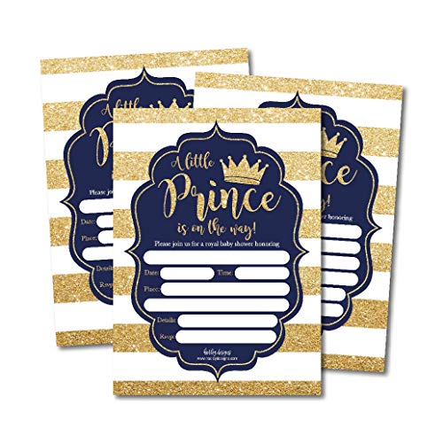 25 Little Prince Baby Shower Invitations, Navy & Gold Sprinkle Invite For Boy, Modern Gender Theme, Cute Printed Fill or Write In Blank Printable Card, Vintage Unique Coed Party Stock Paper Supplies