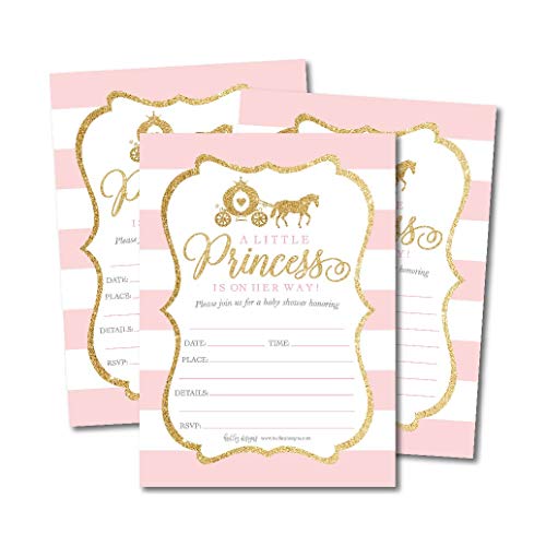 25 Little Princess Baby Shower Invitations, Pink & Gold Sprinkle Invite for Girl, Modern Gender Theme On Her Way, Cute Printed Fill or Write in Blank Printable Card Unique Coed Party Supplies