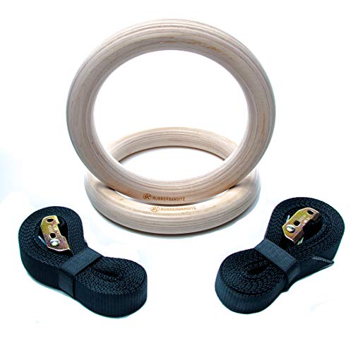 Rubberbanditz- Wooden Gymnastic Rings W/ 16ft Adjustable Straps Gymnastic Rings | Exercise Olympic Rings | Perfect for Workout, Strength Training, Pull-Ups and Dips