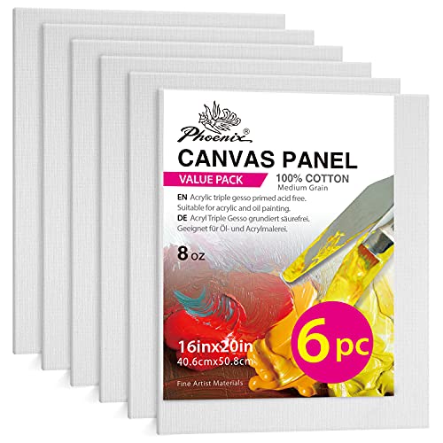 PHOENIX Painting Canvas Panels 16×20 Inch, 6 Value Pack – 8 Oz Triple Primed 100% Cotton Acid Free Canvases for Painting, White Blank Flat Canvas Boards for Acrylic, Oil, Watercolor & Tempera Paints