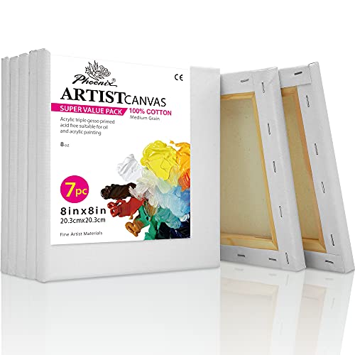 PHOENIX Stretched Canvas for Painting 8×8 Inch/7 Value Pack, 8 Oz Triple Primed 5/8 Inch Profile 100% Cotton White Blank Canvas, Square Framed Canvas for Oil Acrylic & Pouring Art