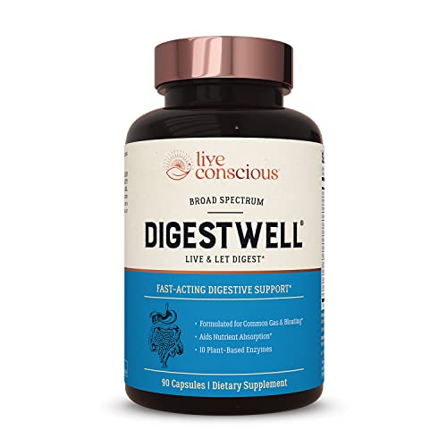 Live Conscious DigestWell Immediate Support – Fast-Acting Digestive Support | Broad Spectrum Enzyme, Probiotic & Herbal Formula – Decreases Everyday Gas & Bloating – 90 Capsules
