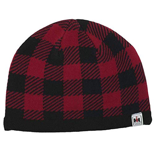 International Harvester Men’s Beanie Hat, IH Logo Buffalo Plaid, One Size Winter Hat, Officially Licensed, Red and Black