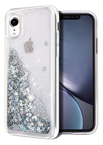 for iPhone XR Case, WORLDMOM Double Layer Design Bling Flowing Liquid Floating Sparkle Colorful Glitter Waterfall TPU Protective Phone Case for Apple iPhone XR [6.1 Inch 2018], Silver