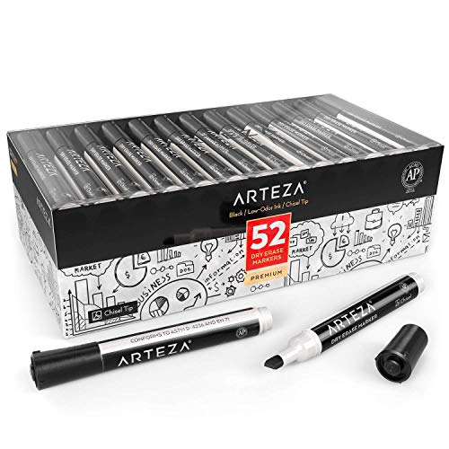 ARTEZA Dry Erase Markers, Bulk Pack of 52, Chisel Tip, Black Color with Low-Odor Ink, Whiteboard Pens, Office Supplies for School, Office, or Home