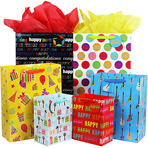 Fzopo Birthday Gift Bag Assortment with Ribbon Handle, 12 Pcs Premium Quality Assorted Sizes Paper Bags Set, XL 13x17x6.5, Large 12x15x4.8, Medium 7x9x4.2 inches, 6 Designs