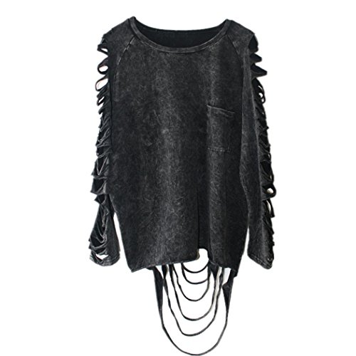 Anna-Kaci Ripped Cut Out Holes Long Sleeve Faded Distressed Top Pullover Shirt,Black,Medium