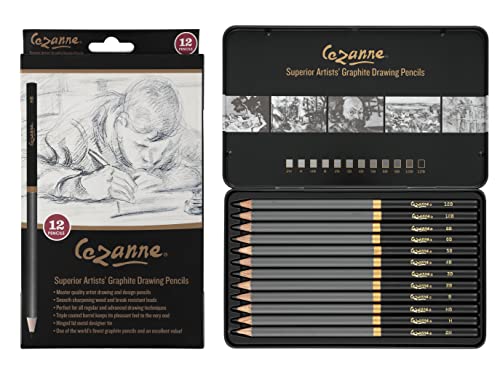 Cezanne Graphite Artist Drawing Pencil Set of 12 Professional Quality for Sketching & Shading, Break Resistant Pre-sharpened Leads, Triple Coated Matte Finished Wood-cased Barrel, Travel Storage Tin