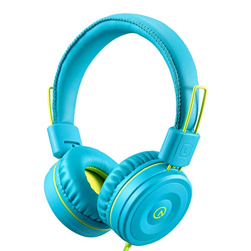 Kids Headphones-noot products K22 Foldable Stereo Tangle-Free 5ft Long cord 3.5mm Jack Plug in Wired On-Ear Headset for iPad/Amazon Kindle,Fire/Boys/Girls/Laptop/School/Travel/Plane/Tablet (Teal/Lime)