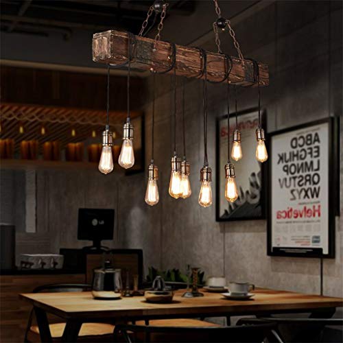 10-Lights Chandelier Wooden Retro Rustic Pendant Light – Industrial Suspension Light line can be Adjusted Freely – Distressed Wood Chandelier for Dining Table Vintage Kitchen, Bar, Island, Billiard.