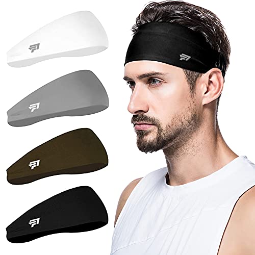 poshei Mens Headband (4 Pack), Mens Sweatband & Sports Headband for Running, Cycling, Yoga, Basketball – Stretchy Moisture Wicking Hairband