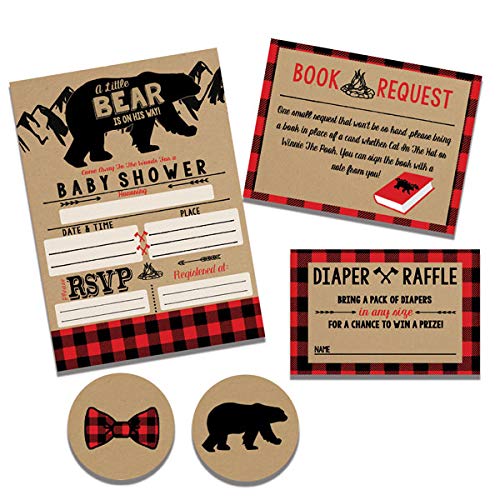Lumberjack Rustic Baby Shower Invitation Set, Diaper Raffle, Book Request and Stickers