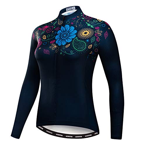 Women’s Cycling Jersey Long Sleeve Bike Jacket Biking Shirt Bicycle Clothing Breathable Flowers Black Size L
