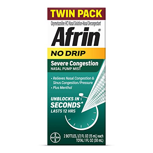 Afrin No Drip Severe Congestion Maximum Strength 12 Hour Nasal Congestion Relief Spray – 0.5 Fl Oz Bottles – 2 Count (Pack of 1)