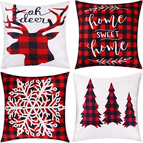 Jetec 4 Pieces Christmas Pillow Case Buffalo Plaid Throw Cushion Cover Linen Pillow Winter Decorations, 18 by 18 Inch