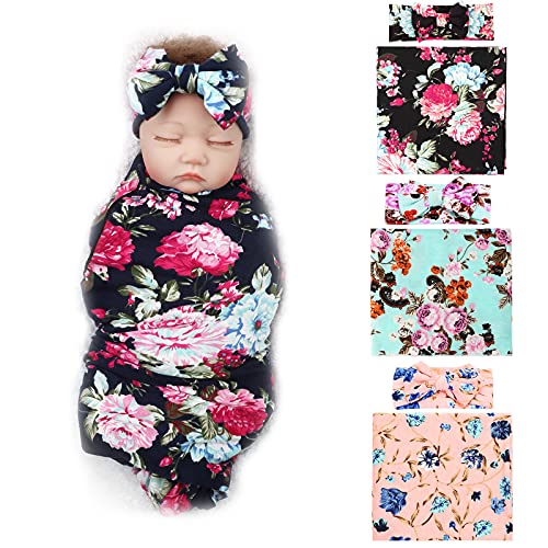 DRESHOW BQUBO Newborn Floral Receiving Blankets 3 Sets Newborn Baby Swaddling with Bow Headbands Sleepsack Toddler Warm