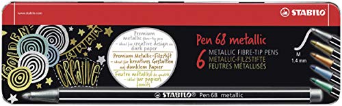 STABILO Metallic Premium Felt Tip Pen Pen 68 Metallic – Tin of 6 – Assorted Colours