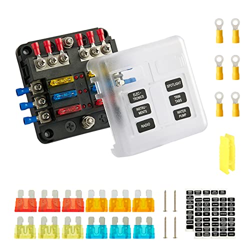 SOYOND 12 Volt Fuse Block, 6 Way Marine Fuse Block with Led Indicator Damp-Proof Cover 6 Circuits Fuse Box with Negative Bus Fuse Panel for Car Boat RV Truck Dc 12/24v